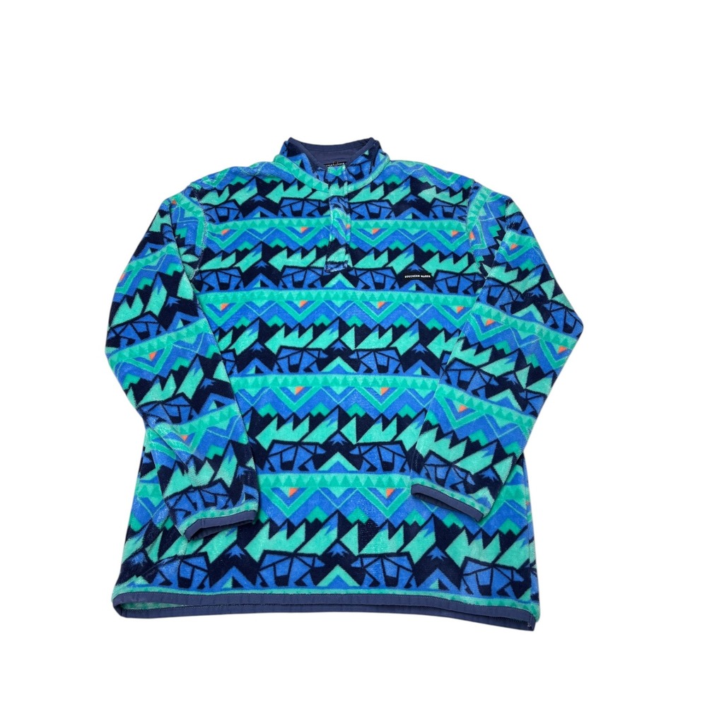 Southern Marsh Mens L Fleece Pullover Quarter Snap Aztec Geometric Teal‎ Blue